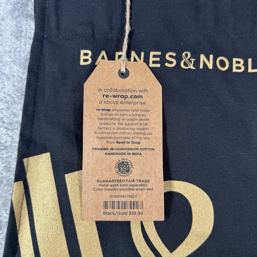 Barnes & Noble Premium‎ Organic In-Conversion Cotton Tote Black & Gold New